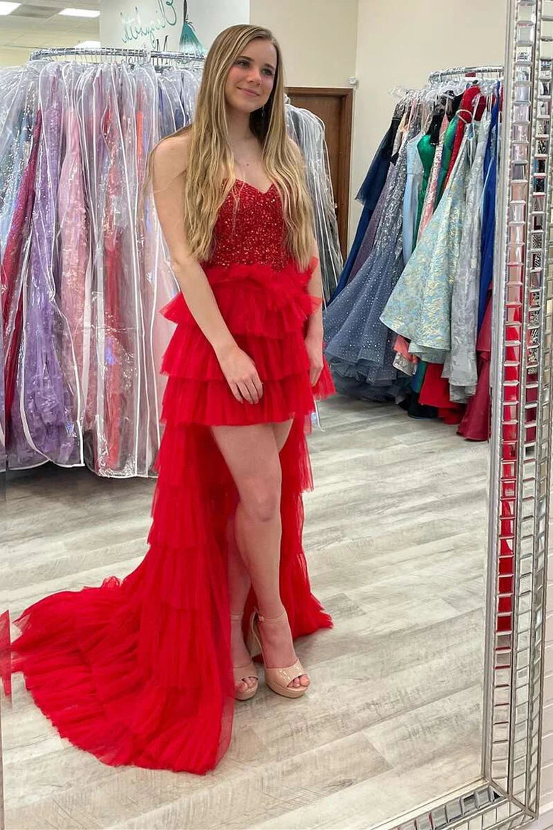 Vestido de fiesta alto-bajo con hombros descubiertos, dulce, de varios niveles